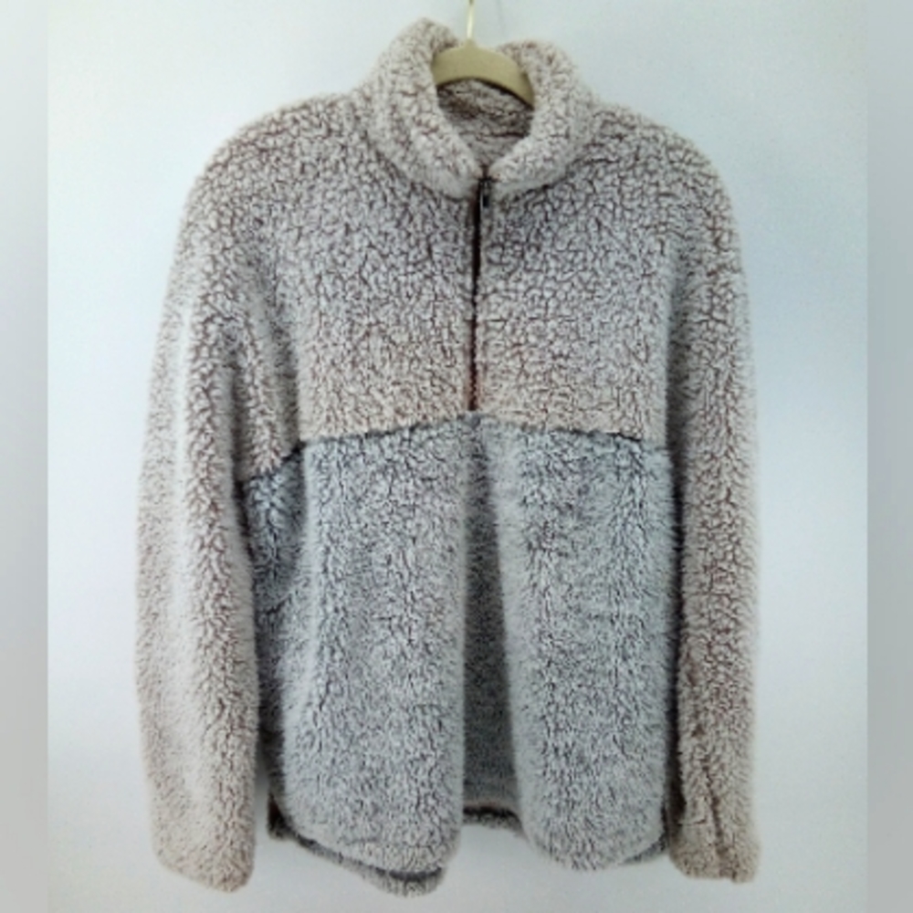 Thread + Supply Teddy Bear Sweater Quarter Zip Rose Pink Silver Gray Color Block